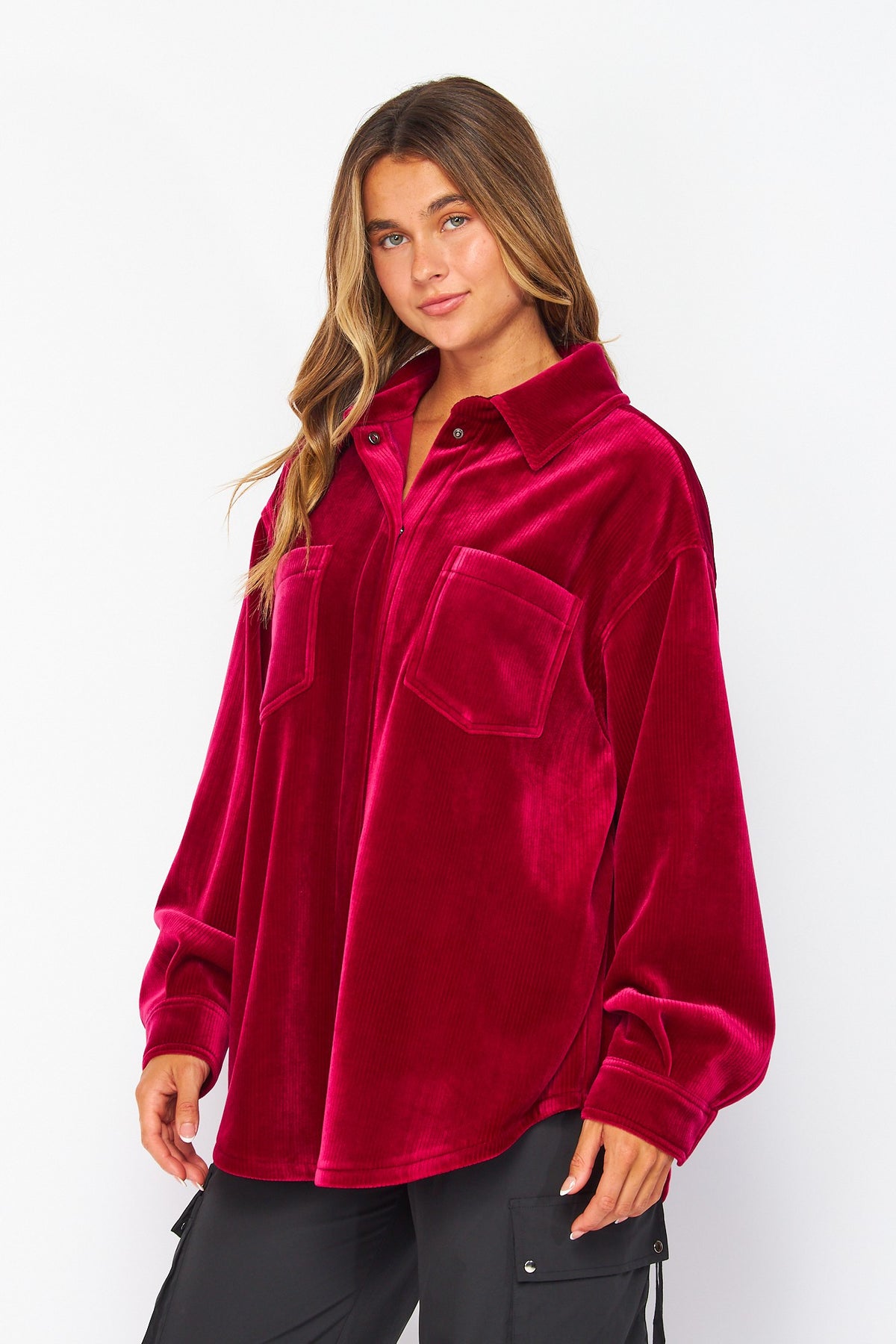 Burgundy velvet button up shacket