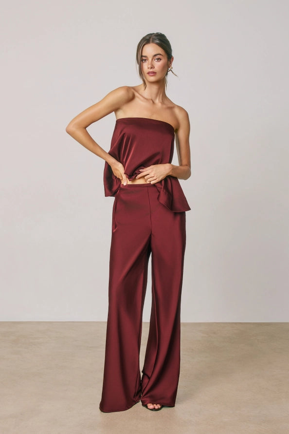 burgundy Satin Relaxed Straight Leg Pants