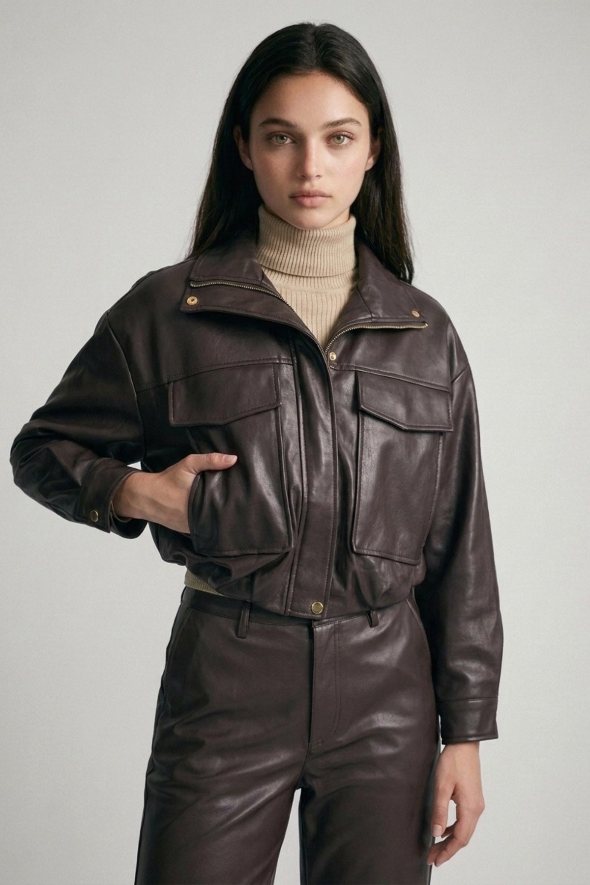 Chocolate brown leather bomber jacket