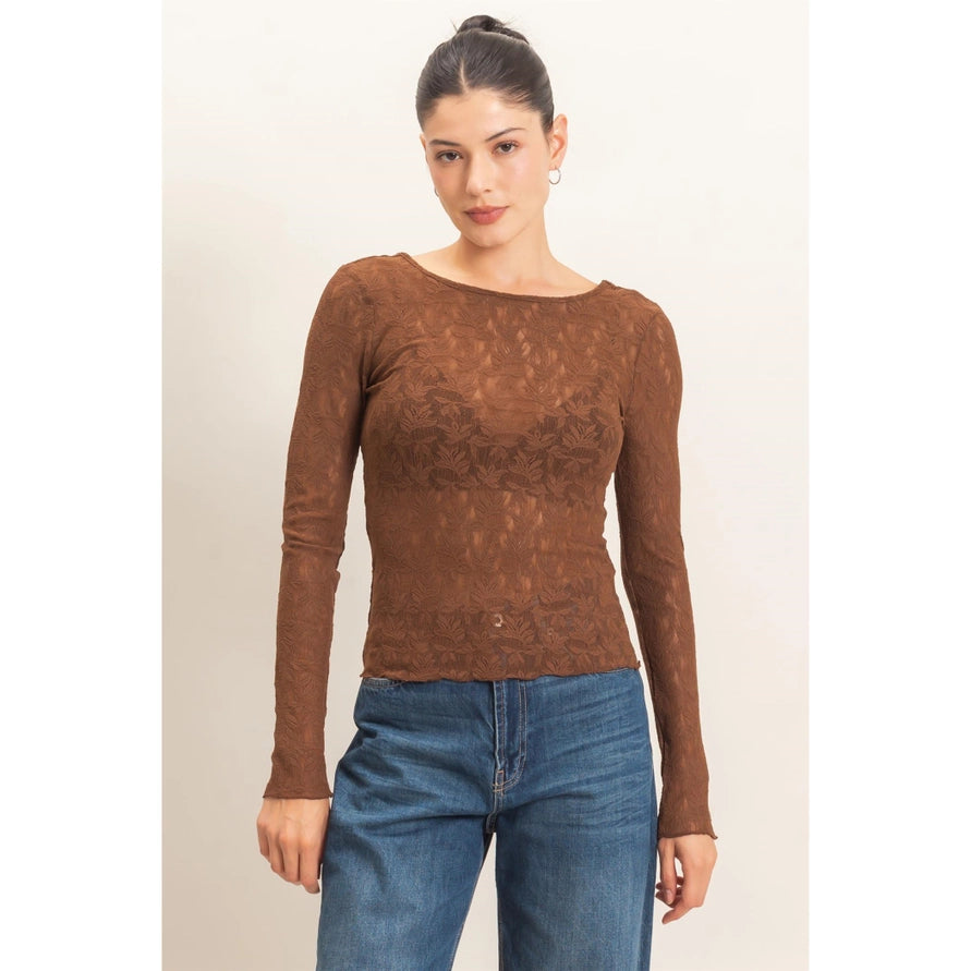 Brown floral lace top