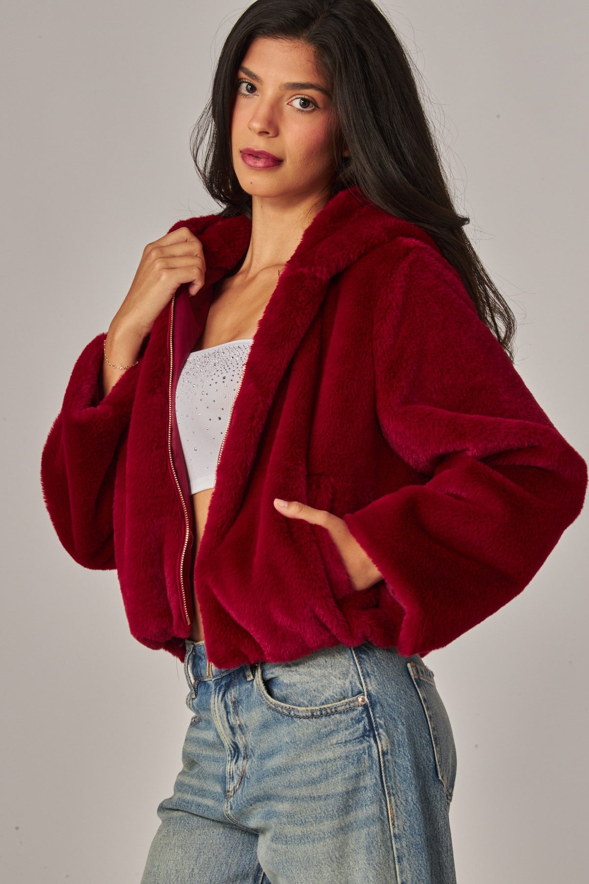 Burgundy fuzzy hooded jacket