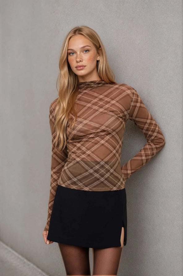 Brown plaid mesh top