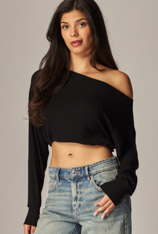 Black ribbed off the shoulder knit top