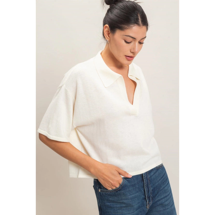 White V-neck knit top